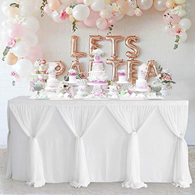 Besutolife White Tulle Table Skirt 6ft Wrinkle-Free Tutu Tablecloth for Gender Reveal, Wedding, Birthday, Reception, Banquet, Photo Booth, Party Table Decorations