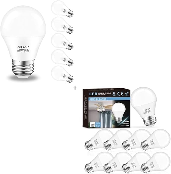Cotanic Bundled Goods of A15 LED Bulb 5000K Daylight Ceiling Fan Light Bulbs 6W E26 Standrad Base Light Bulb,600lm,CRI 80+ LED Small Bulb,Non-Dimmable 6 Packs and 8 Packs
