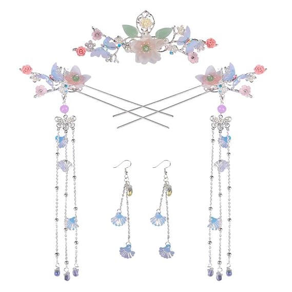 Women Retro Flower Sticks Set Chinese Long Tassel Hanfu Hairpin Hair Sticks Comb Earrings Set Classical Hair Accessories(A)