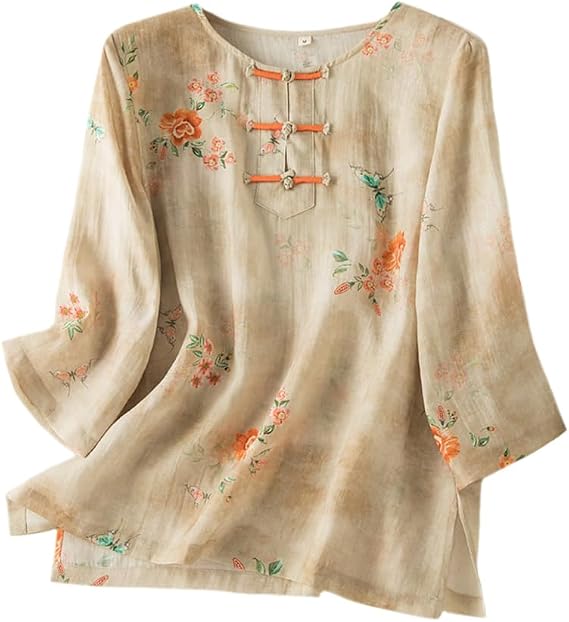 Women Summer 3/4 Sleeve Chinese Blouse Top Traditional Mandarin Collar Ethnic Cotton Linen Qipao Shirt