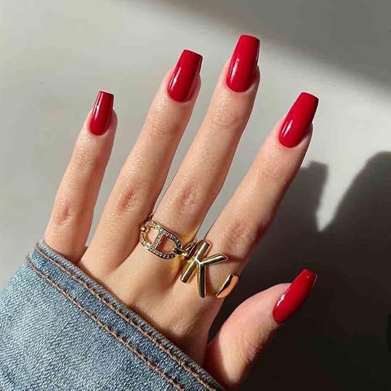 RikView Red Press on Nails Medium Acrylic Nails Coffin Nails for Women Glossy Fake Nails 24 PCs/Set (Medium Coffin Red)