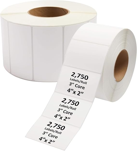 Industrial Thermal Transfer Labels, 4 x 2 Inches, 3 Inch Core | 2,750 Labels/Roll- 2 Rolls/Case, Perforated, Ribbon Required, for Thermal Transfer Printers