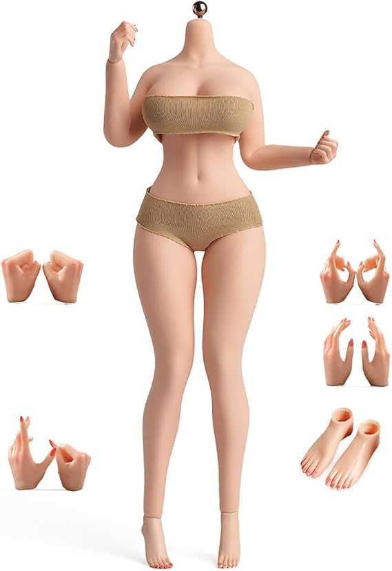 YM611 1/6 Scale Female Plump Seamless Body 12'' Big Breast Wide Buttock Narrow Shoulder Action Figure Flexible Soldier Body Doll Model Fit 1:6 Head Sculpt Carvings (Natural, Basic Version)