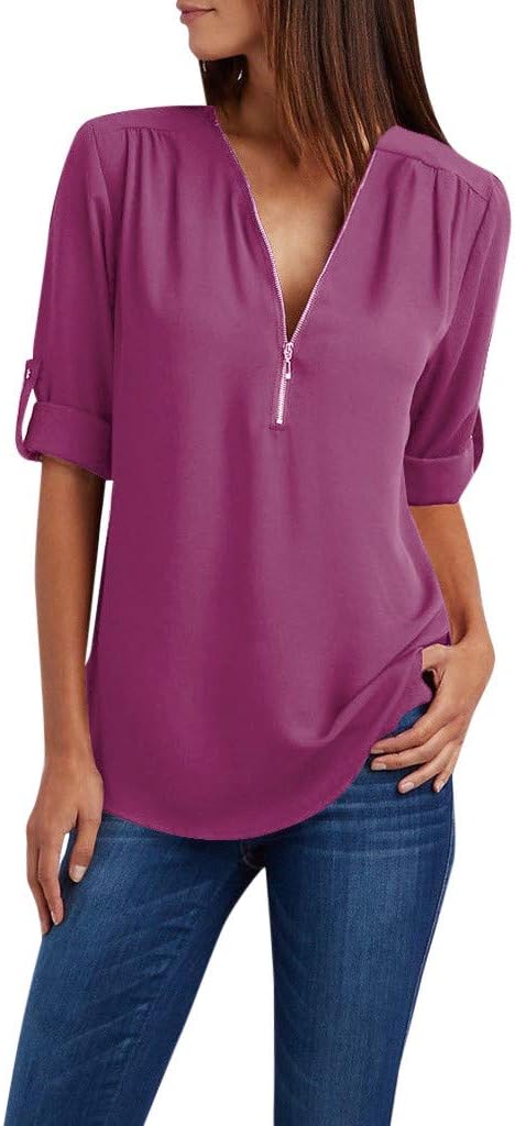 Business Casual Tops for Women Summer Fashion Semi Formal Work Shirt Elegant Half Sleeve Zip-Up Blouse Going Out 2025