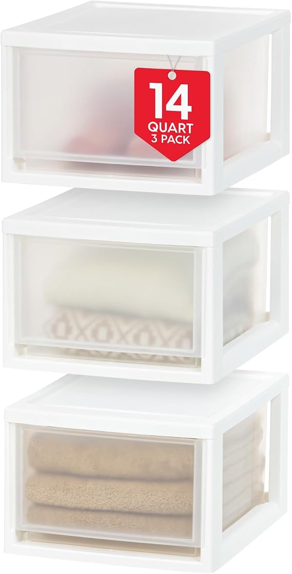 IRIS USA 3-Pack, 14.5 Qt. Stacking Drawer Storage Organizer, White
