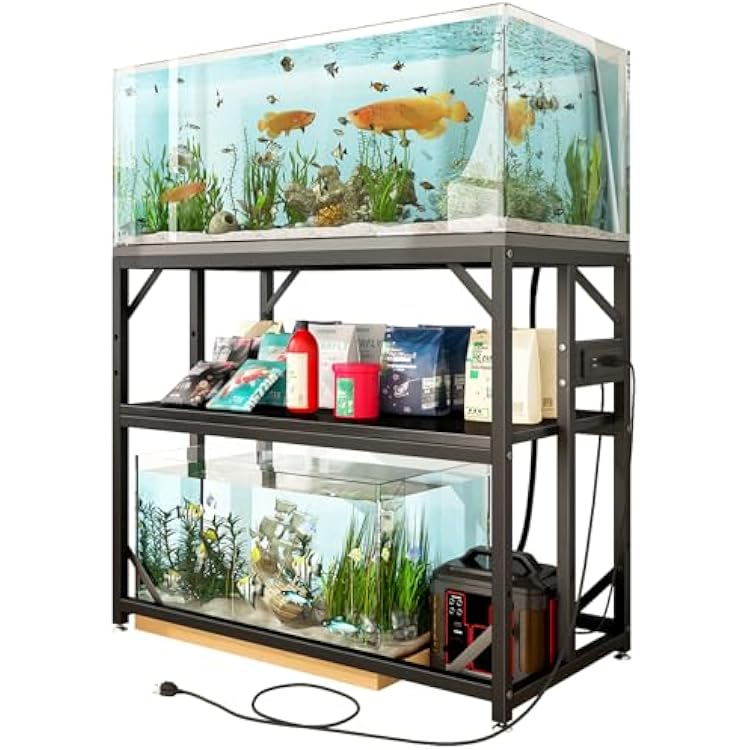 METYERRY 40 Gallon Fish Tank Stand with Power Outlets, Adjustable Aquarium Stand, Heavy Duty Terrarium Stand, Metal reptile tank stand, Suitable for Home Office,660LBS Capacity, Black