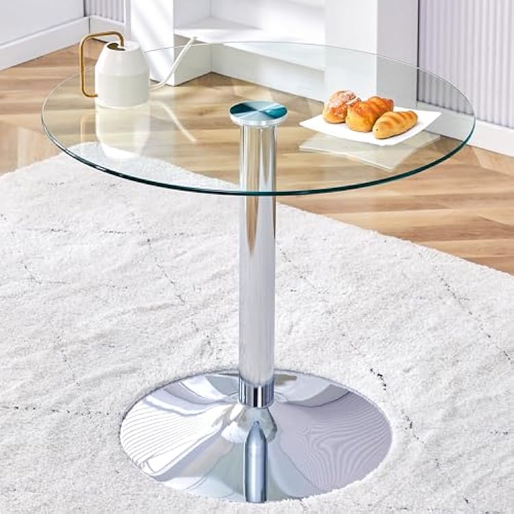 Round Glass Dining Table for 4, 35 Round Dining Table with Tempered Glass Top and Silver Metal Base, Small Space Kitchen Table for Apartment, Breakfast Nook, Dining Room
