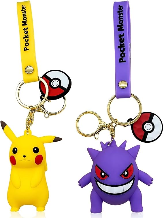 Pokemon Keychain, 2-Piece Key Chain Wristlet Car Charms,Kawaii Cartoon Backpack Keychain