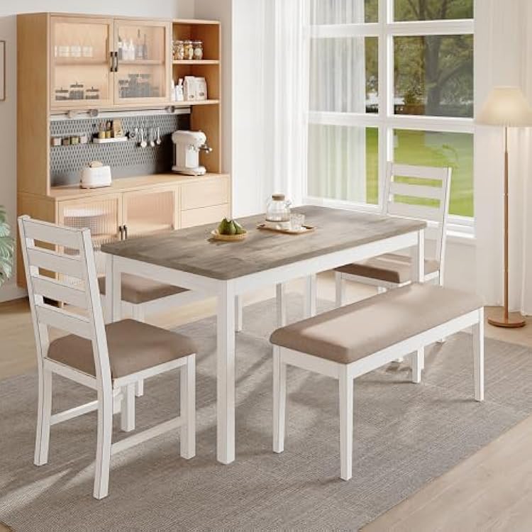 59 Dining Table Set Farmhouse Rectangular White Kitchen Room Table & Chairs Set Solid Wood Stable Space Saving Easy Clean 2 Bench & 2 Chairs