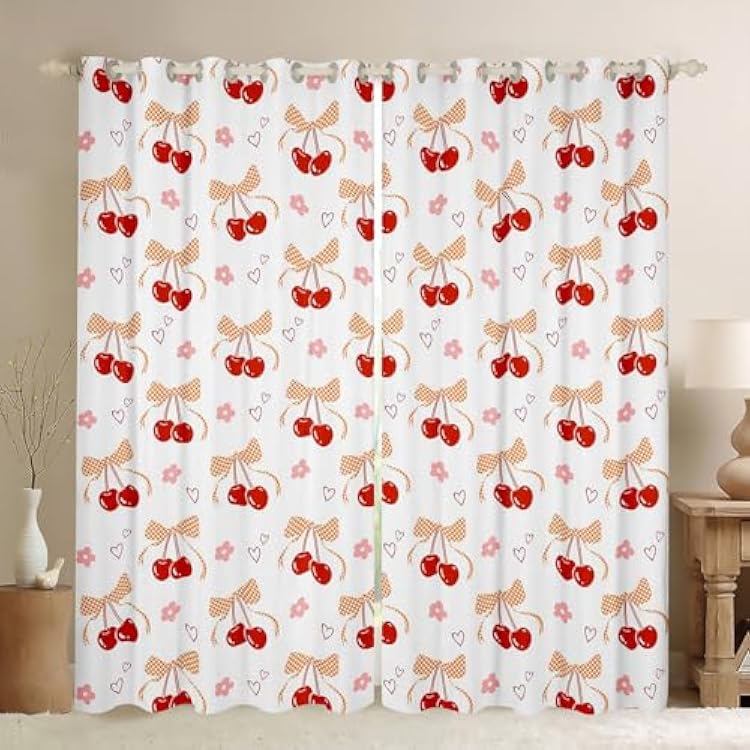 Girls Cherry Bow Curtain 38Wx45L 2 Panels,Red Bow Tie Window Curtain Cute Floral Bowknot Window Treatments,Princess Plaid Bow Knot Window Drapes for Girly Kawaii Pink Decor for Kids Women