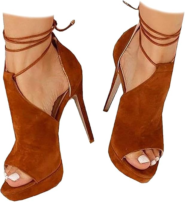 Fashare Womens Peep Toe Platform Heels Sexy Sandals Strappy Lace Up Tie Stilettos Dress Pumps Shoes