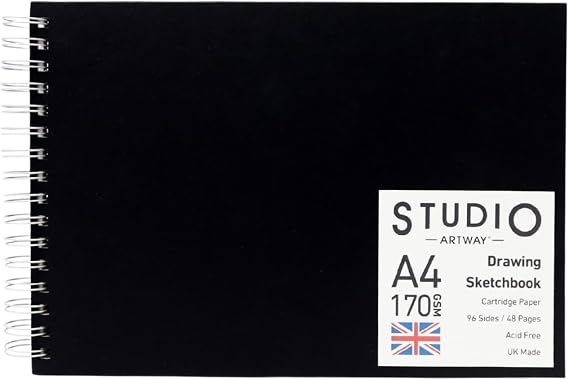 Artway Studio A4 Landscape Spiral Sketchbook, 170gsm Cartridge Paper | 48 Pages (96 Sides) - Black Spiral Bound Hardback - Pencil, Charcoal, Pastel, Ink & Marker - A4 Everyday Drawing Pad