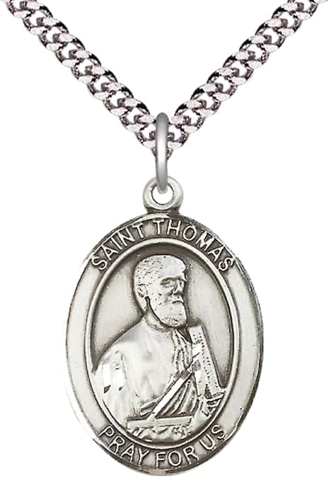 St. Thomas Apostle Pewter Medal Necklace - Patron Of Architects & Blind | Hand-Engraved Oval Catholic Religious Pendant Paired With 24" Rhodium Plated Brass Chain; Deluxe Velvet Gift Box Included