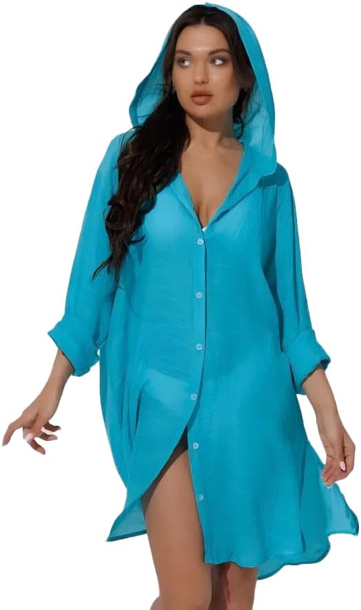 Women Long Sleeve Button Down Shirts Oversized Swimsuit Cover Up Casual Blouse Sexy See Through Beach Vacation Top