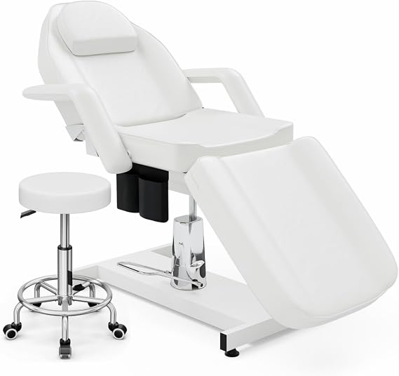 Paddie 360 Swivel Hydraulic Tattoo Bed with Stool, Height Adjustable Tattoo Client Chair 3-Section Folding with Storage Pocket, Medical/Dental/Treatment/Wax/Lash Extension, White