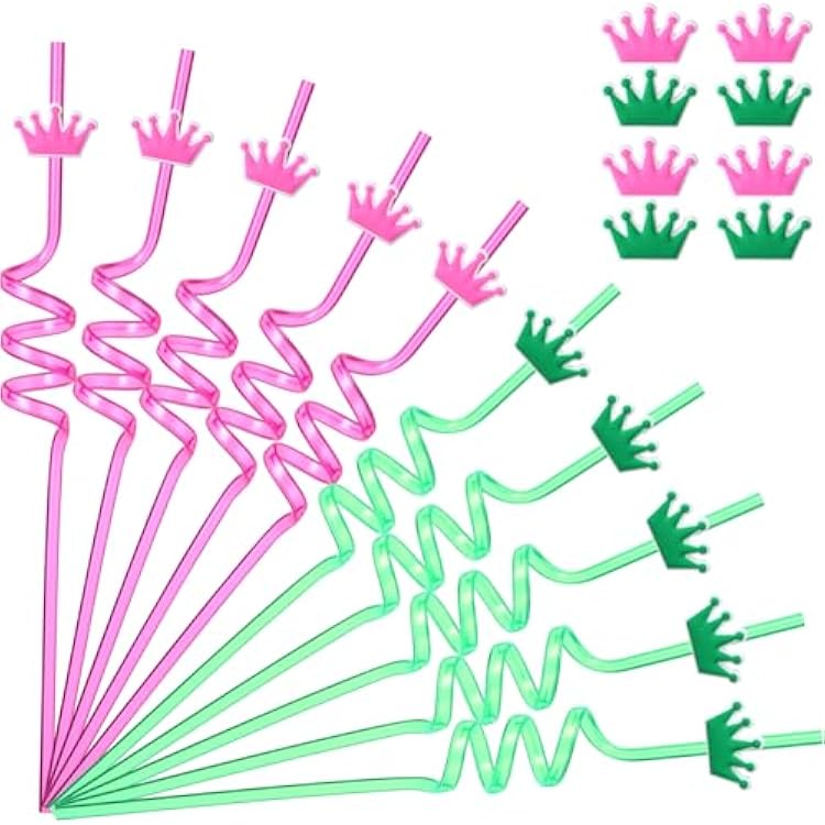 24 Pcs Pink and Green Drinking Straws Princess Party Favors Reusable Plastic Crown Shape Straws Witch and Princess Party Supplies for Birthday Musical, 10.6 Inch