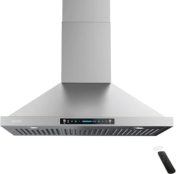 IKTCH 30 Inch Wall Mount Range Hood, 900 CFM Kitchen Chimney Vent, DuctedDuctless Convertible, Stainless Steel with Gesture Control, Touch Control Panel & 2 Pcs Adjustable Lights for Smart Life