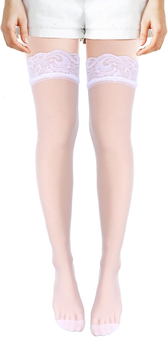 2 Pairs Women's Lace Top Thigh High Sheer Stockings Women's High Sheer Knee Highs Socks with Lace Decorations Sock - White