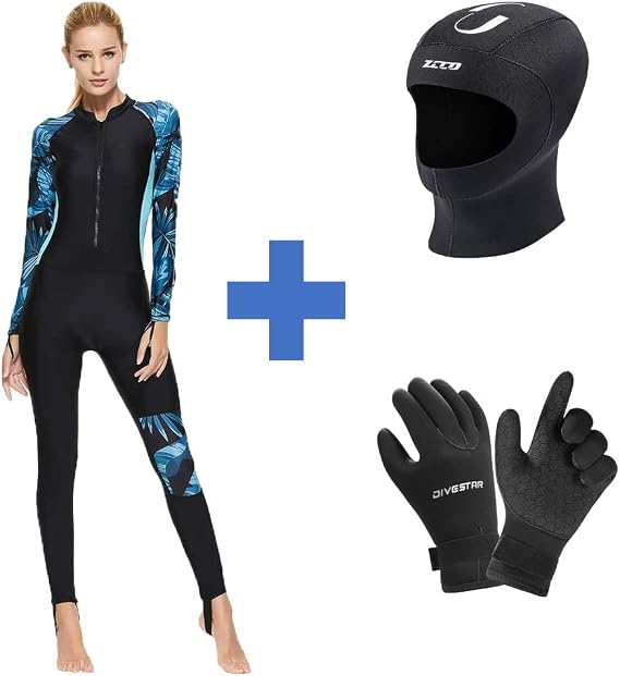 Skyone 3 Pieces Wetsuit, Full Body Large Size Diving Skins Rash Guard,3MM Wetsuit Gloves Neoprene Scuba Diving Gloves Medium Size, Neoprene 3MM Wetsuit Hood Scuba Diving Hood Medium Size