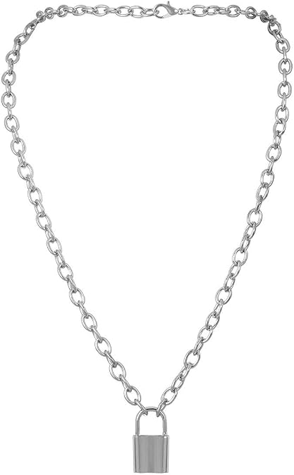7th Moon Lock Pendant Necklace Statement Long Chain Punk Multilayer Choker Necklace for Women (Silver)