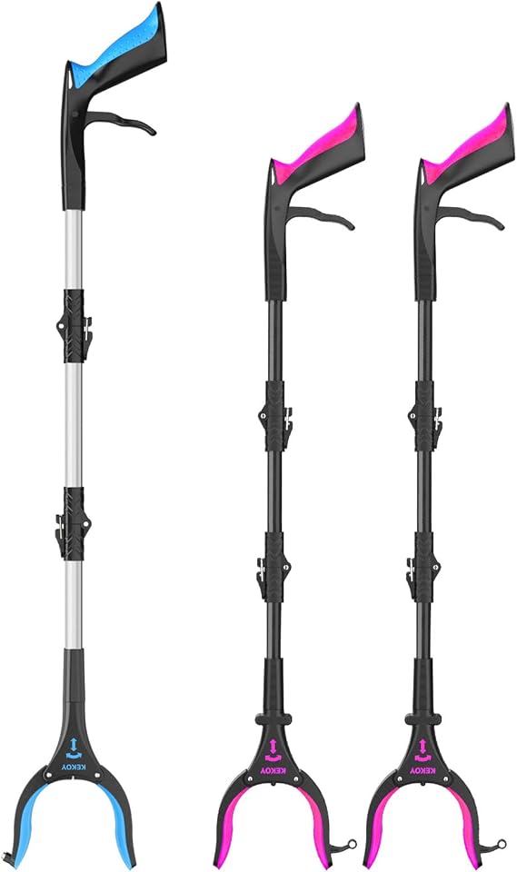 2 Pack 32inch Black Rose Grabber Reacher Tool with Light & 36inch Blue Grabber Reacher Tool for Elderly, Foldable Grabbers for Elderly Grab it Reaching Tool Heavy Duty