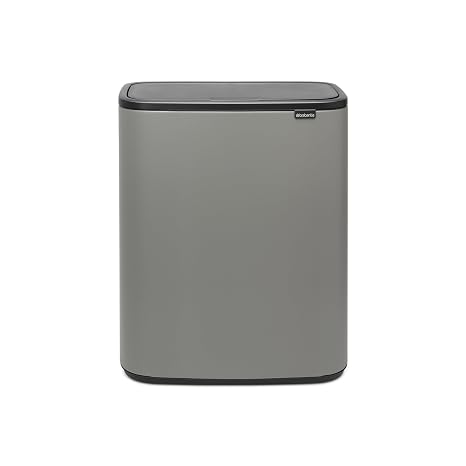 Brabantia Bo Touch Top Kitchen Trash Can with Single Compartment | Mineral Gray | 16 Gal Inner Bucket | Soft-Close Garbage Can, Light Touch Opening, Stay-Open Lid | Fits Against Wall | + Trash Bags