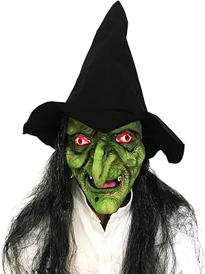 SIQITECHNO Scary Green Old Hag Witch Mask with hat hair Halloween Tricky Cosplay Headgear