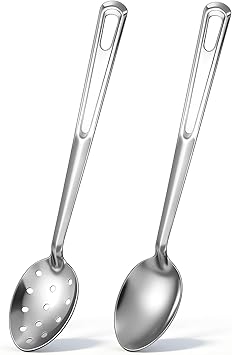 2 Pieces Silver Stainless Steel 15" Long Handle Basting Spoon Steel Solid and Slotted Spoon Set for Kitchen Serving Cooking Basting Accessories
