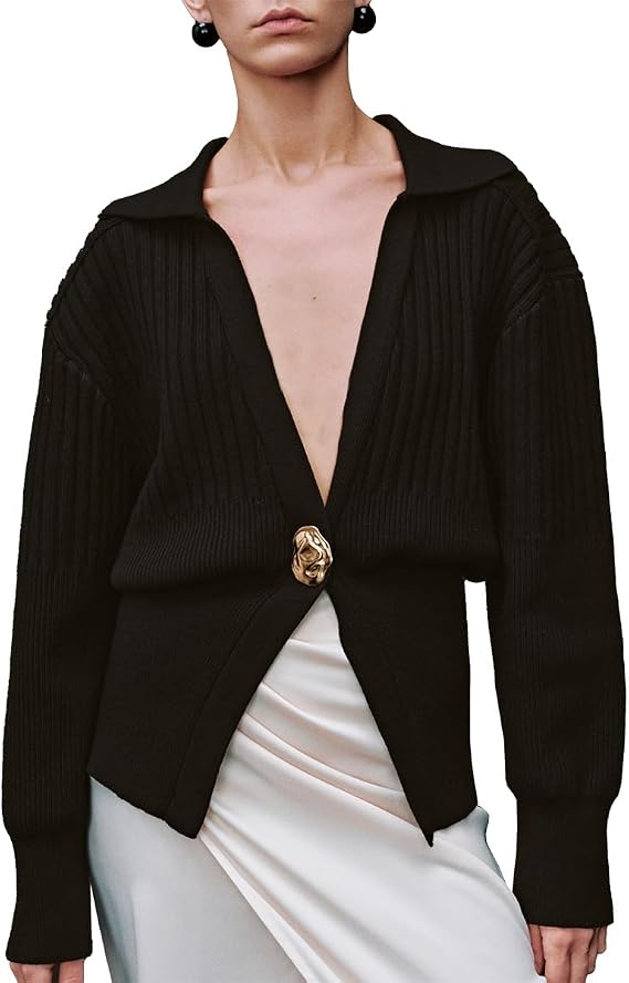 URBAN REVIVO Women's Cardigan V-Neck Lapel Long Sleeve Knitted Cropped Casual Sweater with Metal Button 2025