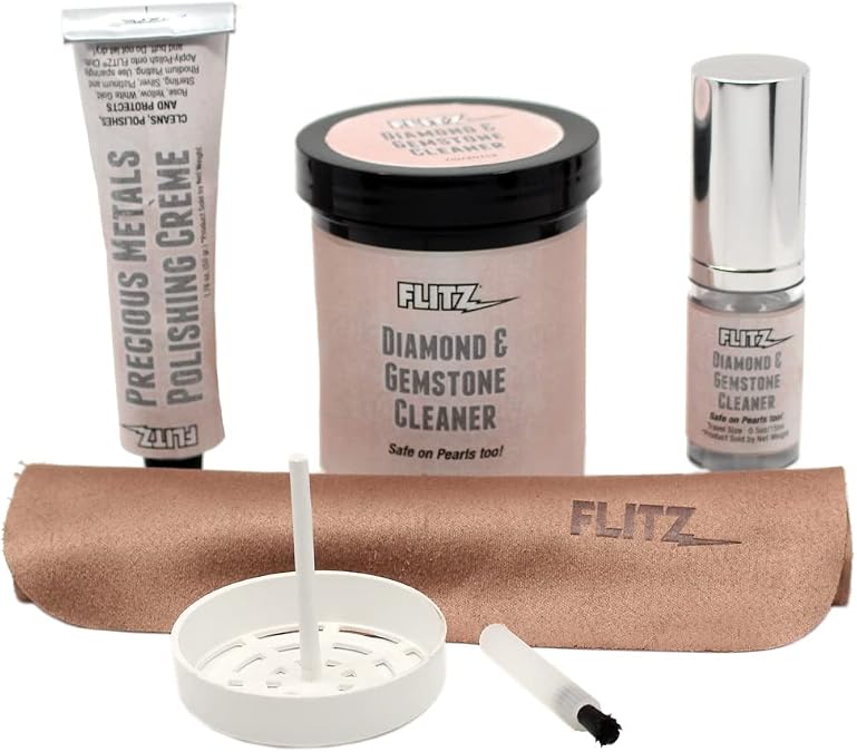 FLITZ Jewelry Cleaning Kit - USA-Made 1.7oz Jewelry Cleaner Cream, 1.7oz Spray, a Suede Cloth, and 7oz Gold & Sterling Silver Cleaner Dip Jar with Tray & Brush - Tarnish Remover Kit
