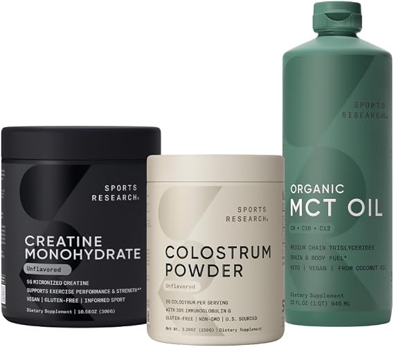 Sports Research Goodies Pack - Colostrum Powder formulated to Support Workout Performance, Immunity & Gut Health w/Antibodies & Creatine Monohydrate & Organic MCT Oil Keto & Vegan MCTs C8, C10, C12