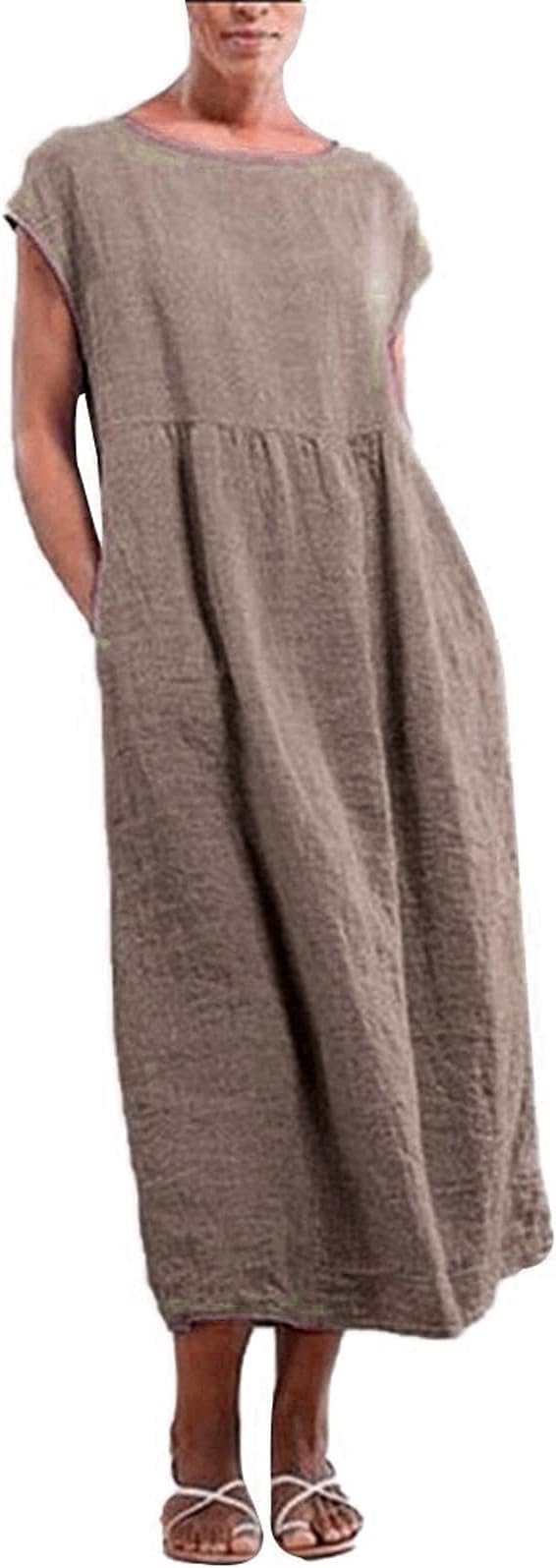 FZYLQY 2024 Summer Dresses for Womens Cap Sleeve Boho Cotton Linen Midi Dress Casual Loose Trendy Crew Neck Beach Dresses