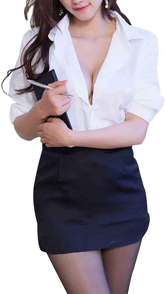 Sexy OL Secretary Uniform Office Lady Cosplay Costume Shirt Miniskirt Tight Suit Halloween Costume Erotic Christmas Costume Black and White, L