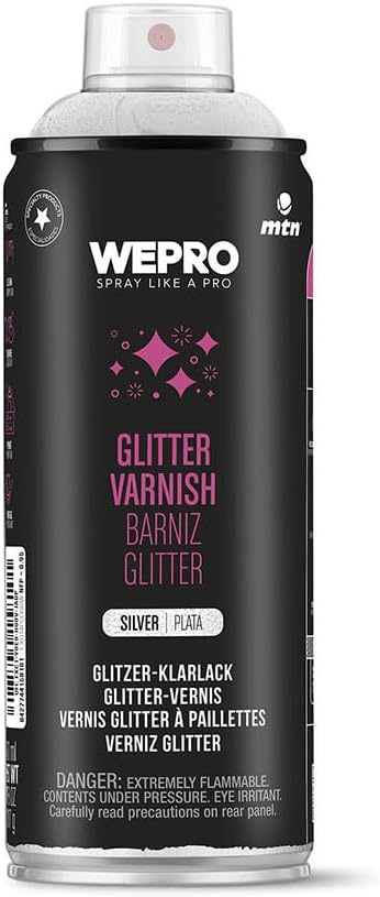 Montana Colors MTN Pro Glitter Varnish Spray Paint - Water-Based Acrylic with Iridescent Sparkle for Crafts, Arts & Decorating on Multitude Surfaces - Ideal for Indoor/Outdoor Use - 400ml, Silver