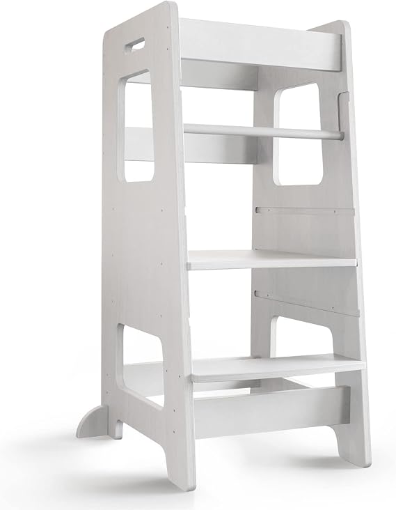 Kitchen Step Stool, WOOD CITY Toddler Kitchen Stool Helper with Safety Rail, Height Adjustable Child Standing Tower Learning Stool for Counter and Bathroom Sink (White)