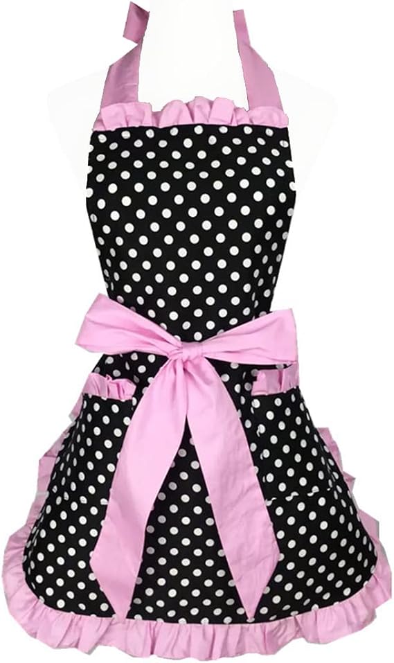 Hyzrz Cute Apron Retro Black Polka Dot Retro Ruffle Side Vintage Cooking Aprons with Pockets for Women Girls (Side Pink)