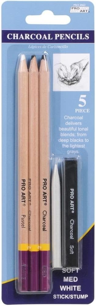 PRO ART Charcoal Pencil Set 3 Degree/White 4pc Carded, Sketching & Drawing Pencils for Artists, Includes Graphite & Charcoal Pencils, Art Pencil Set for Shading & Outlining