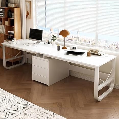 Large Two Person Desk with Drawers, Double Gaming Computer Desk Workstation, Wood Writing Study Table, Long Desk for 2 People, for Home Office(Natural)