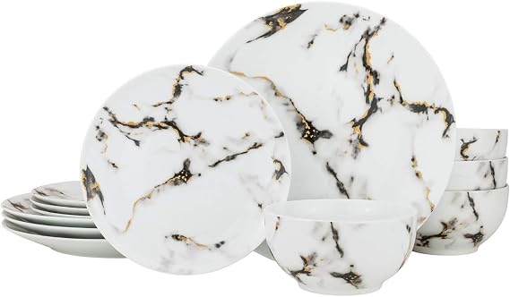 Royalty Porcelain 12-pc Marble Design Dinner Set 'Quarie', Bone China Porcelain (Quarie)