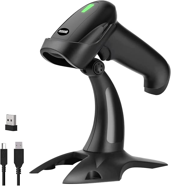 USB Wireless Barcode Scanner with Stand,Symcode Barcode Scanner Versatile 2-in-1 (2.4Ghz Wireless+USB 2.0 Wired) Rechargeable Cordless 1D Barcode Reader Handheld Bar Code Scanner