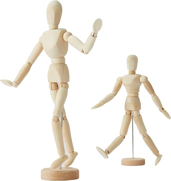 2 Pack, 8 Inch & 12 inch Artist Wooden Manikin Flexible Body Joints