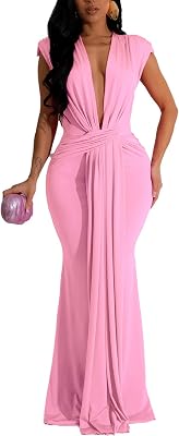 Ekaliy Elegant Bodycon Dresses for Women Deep V Neck Maxi Dress Mermaid Long Dress