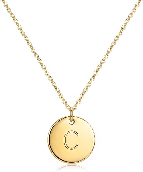 Bemoly Initial Necklace for Women Round 11MM Coin Disc Double Side Engraved Letter A-Z Hammered Pendant 14K Gold Plated Personalized Alphabet Birthday Jewelry 17.5"