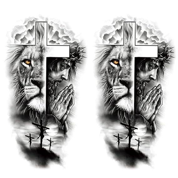 2 Sheets Large Half Arm Sleeve Temporary Tattoos For Men Women Waterproof Fake Forest Lion Jesus Cross Old School Halloween Fake Tattoo Stickers Adults Black Realistic Animals Tattoo