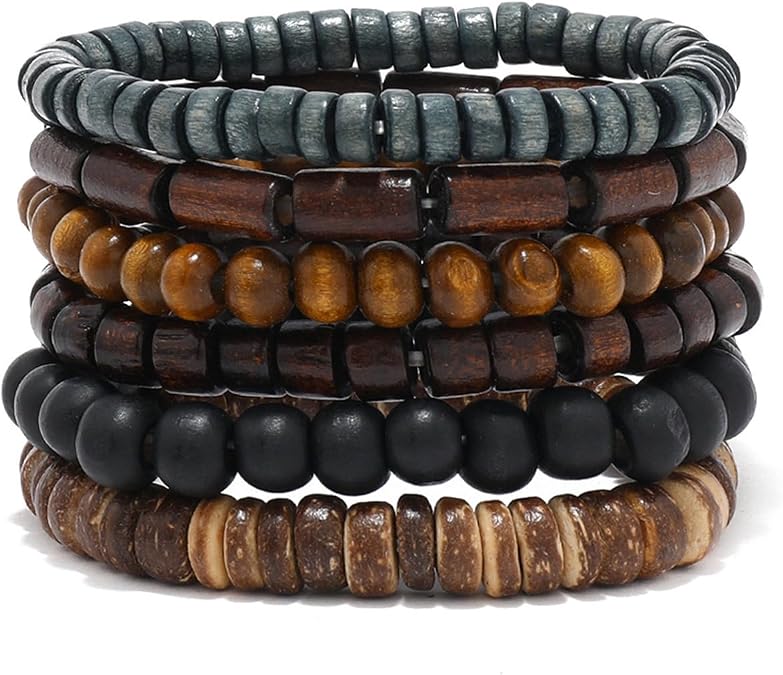 6 Pcs Bead Bracelet Men, Multi-Layer Brown Beaded Bracelets for Man
