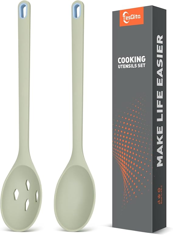 Silicone Spoons for Cooking of 2 Pack, Large Solid & Slotted Kitchen Spoons | BPA Free, Heat Resistant Kitchen Utensils, 13'' Length Nonstick Cookware for Mixing, Serving, Scraping and Draining