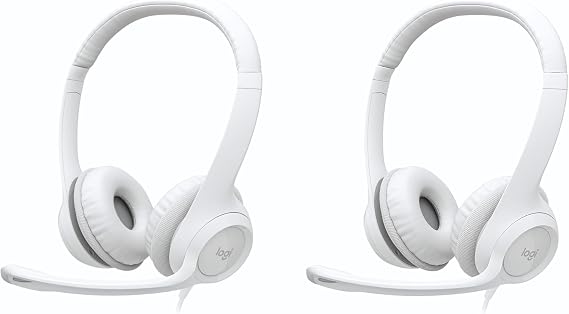 Logitech H390 Wired Headset with Mic for PC/Laptop, Stereo Headphones with Noise Cancelling Microphone, USB, in-Line Controls, Works with Chromebook, PC Headset, Bulk Packaging, 2 Pack (White)