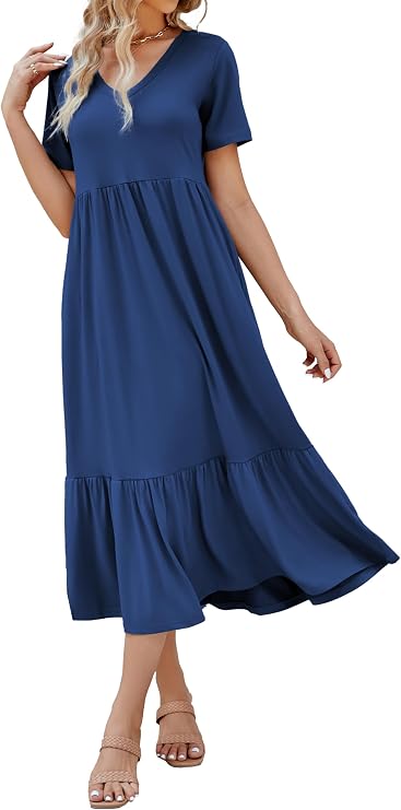 Women's 2026 Summer Short Sleeve V Neck Swing Dress Flowy Tiered Maxi Beach Sundress with Pockets