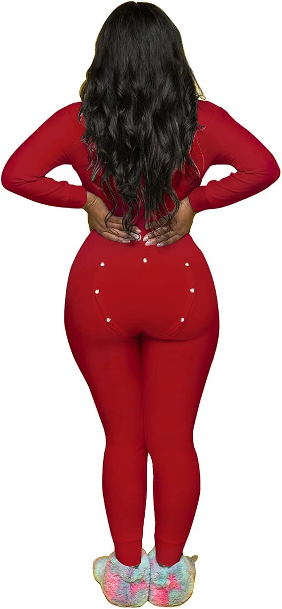 KMBANGI Women's Sexy Deep V Neck Butt Flap Pajamas One Piece Bodycon Rompers Jumpsuit with Drop Seat Plus Size