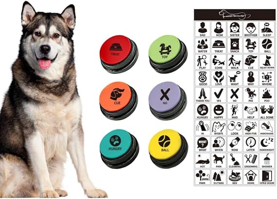 RIBOSY Set of 6 Dog Buttons, Recordable Button, Dog Training Buzzer with 50 Stickers, Record Playback Your Own Message to Teach Your Dogs Voice What They Want